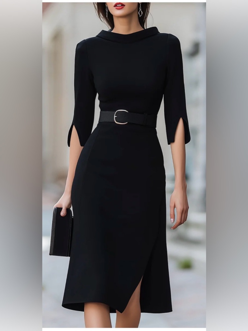 Mooyius Black Midi Dress Elegant Belted Split Sleeve Size M NWT